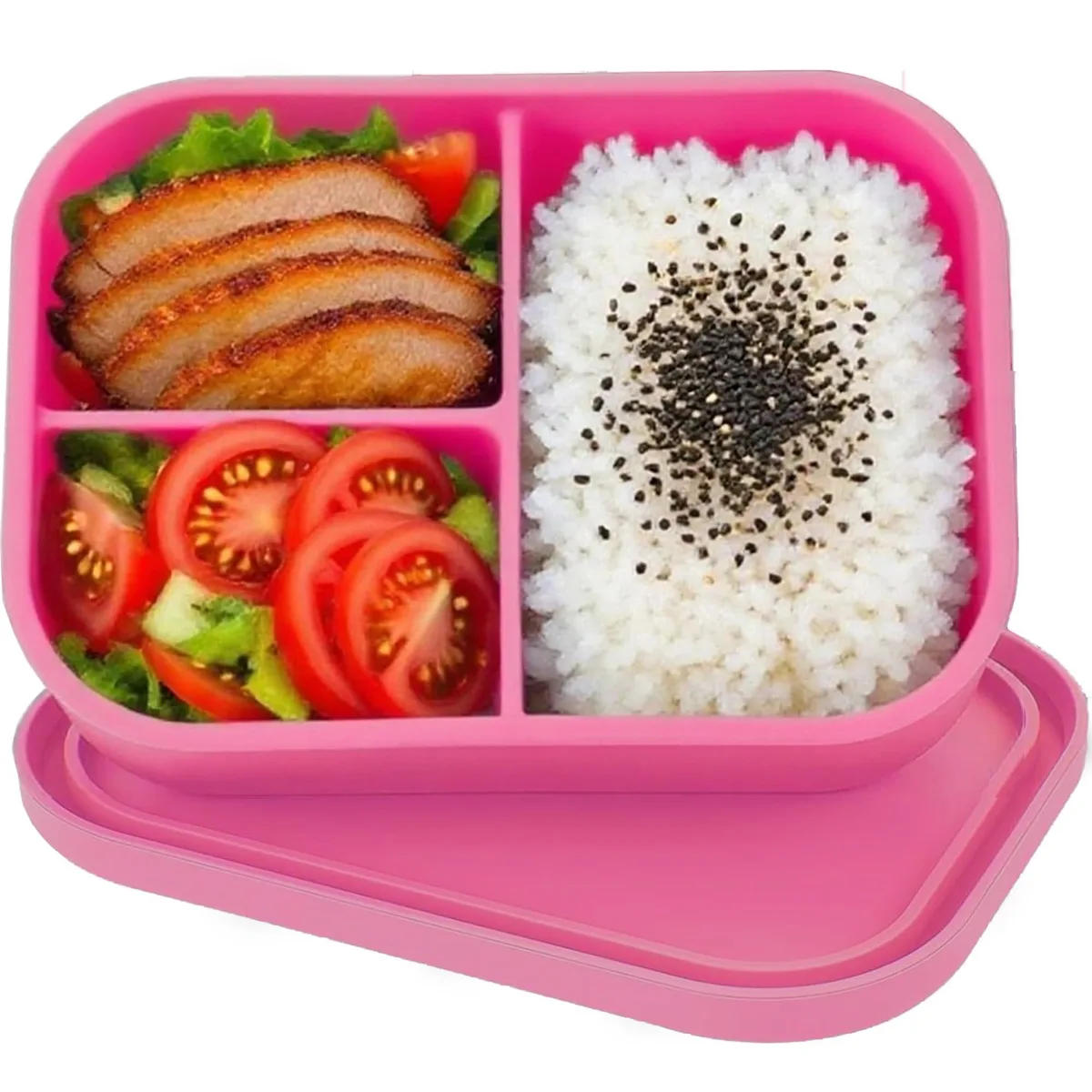 Red silicone food container with three compartments and matching lid
