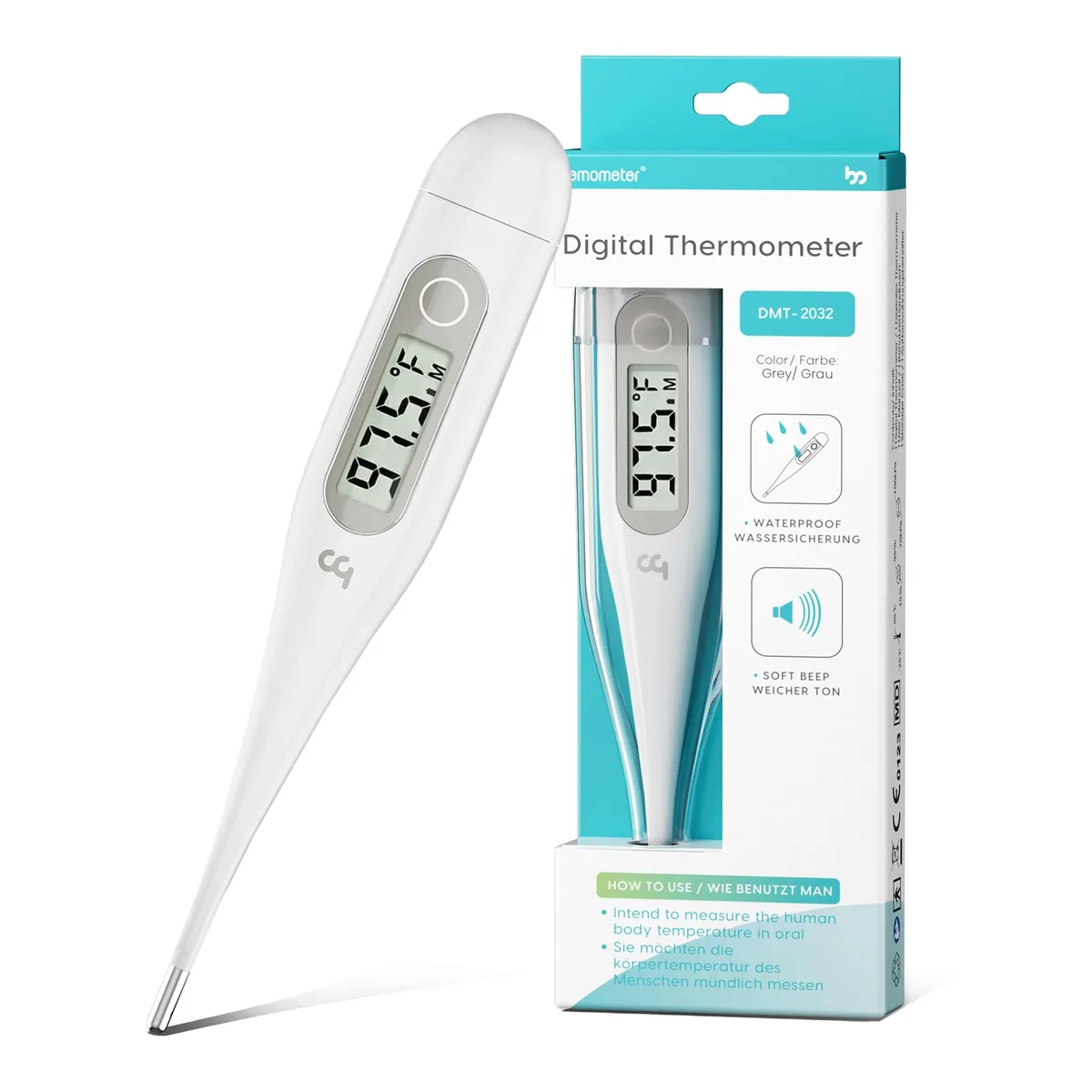Grey digital thermometer with LCD screen and storage case
