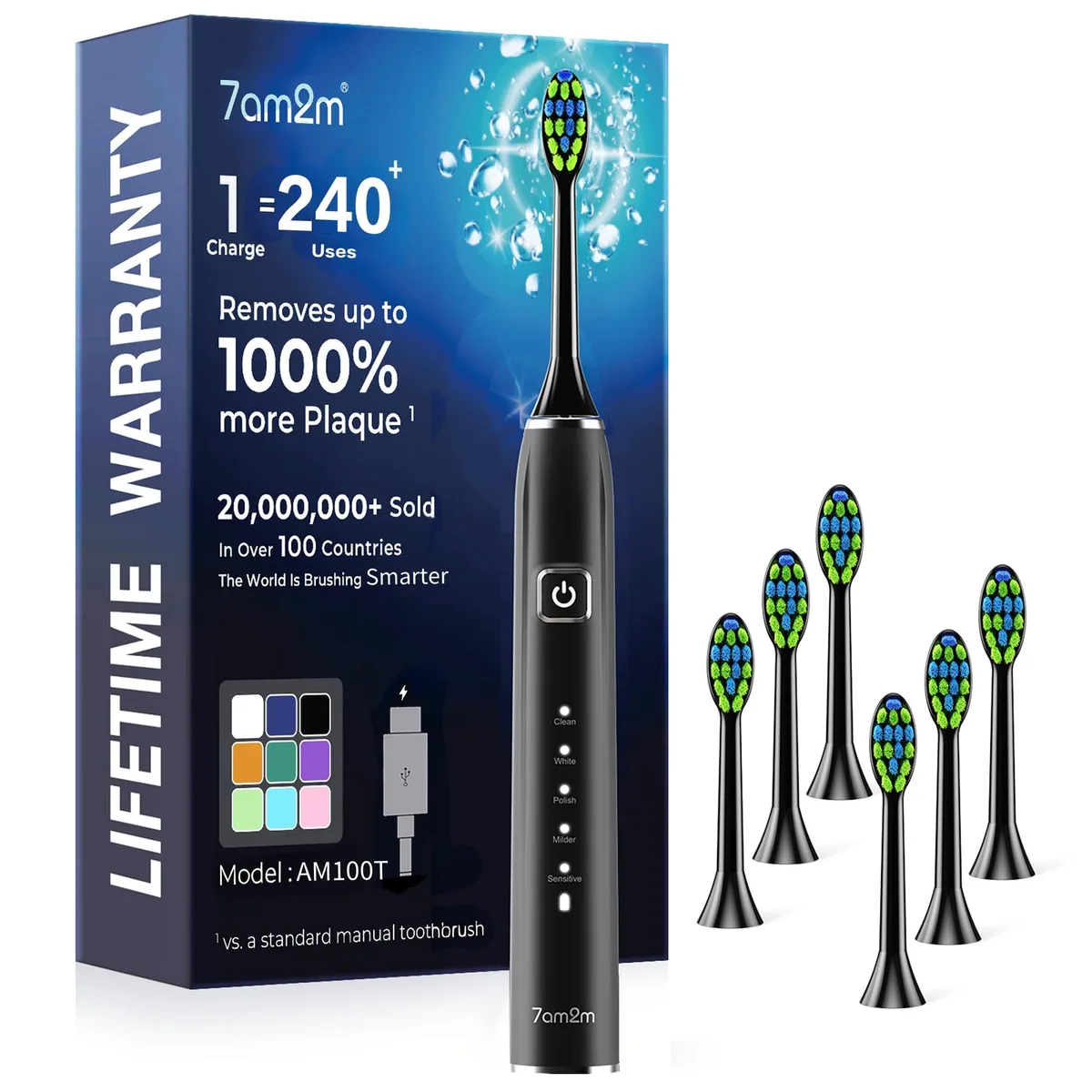 White Waterpik 7AM2M sonic toothbrush with six brush heads and USB-C charger