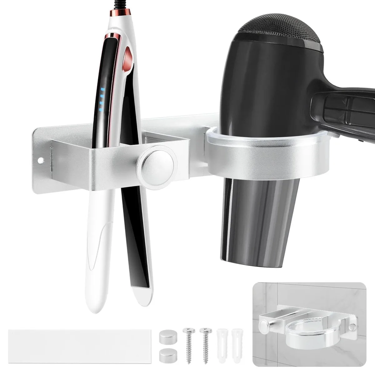 Silver metal hair dryer holder with side hanger, wall mount, no drill adhesive or screw install
