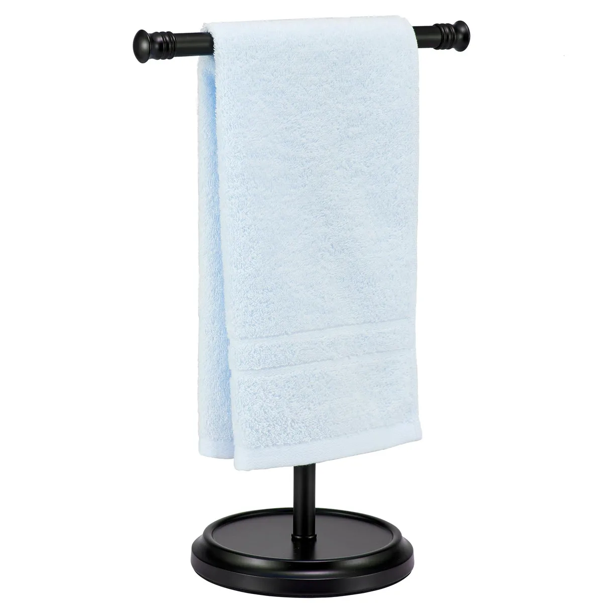Black free-standing towel rack with stainless steel base and horizontal bar