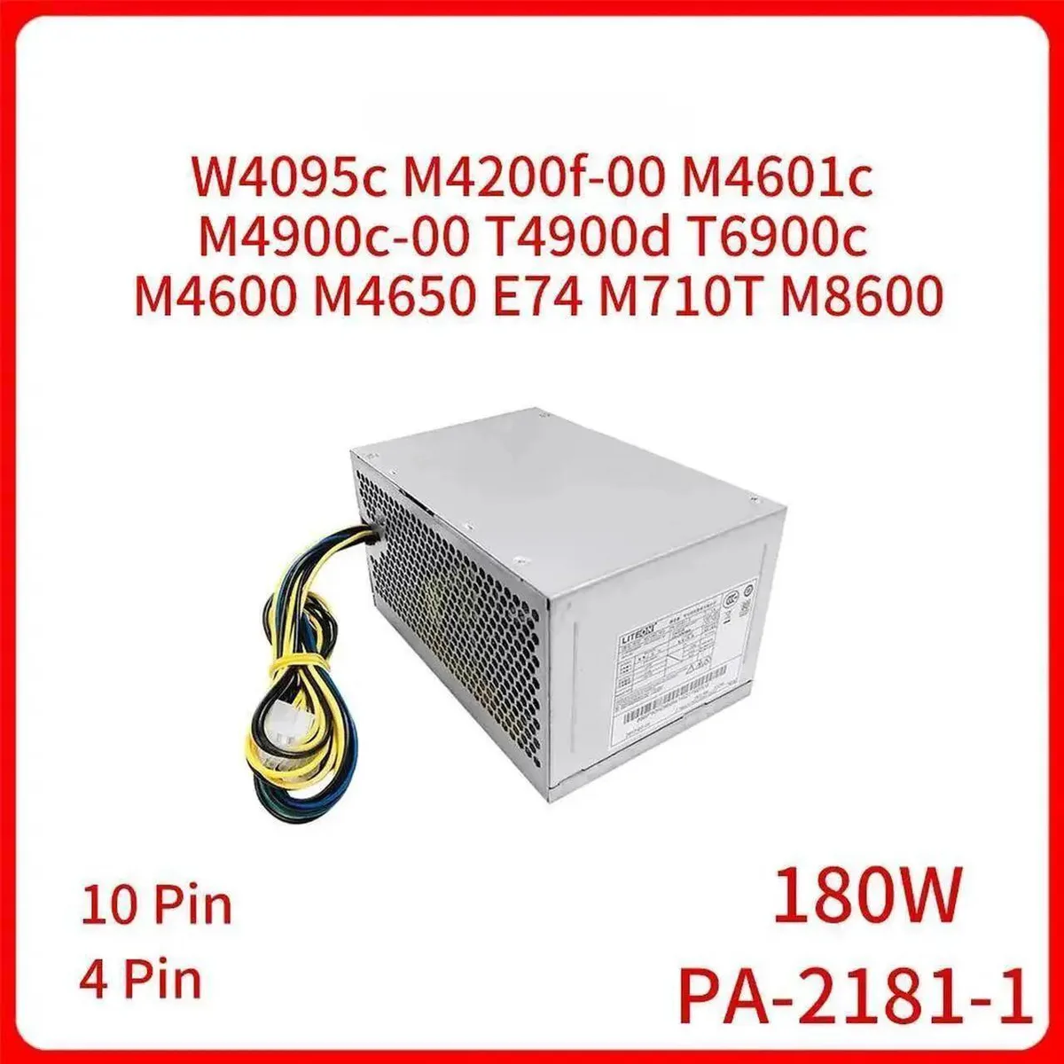 Rectangular black desktop PSU with 10-pin and 4-pin connectors