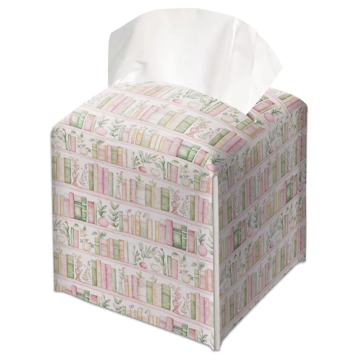 Square leather tissue box cover with decorative book spine design and Velcro closure