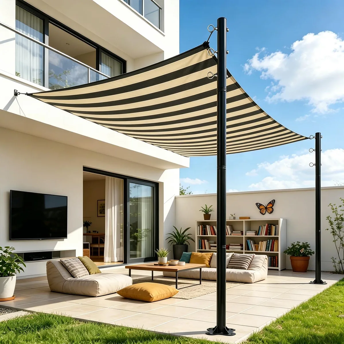 Two black metal shade sail poles with modular sections and top brackets