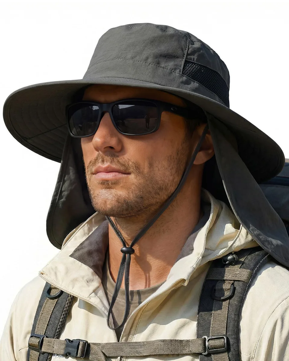  Bucket Hat with Neck Flap, Wide Brim, Mesh Crown, Dark Grey — product photo