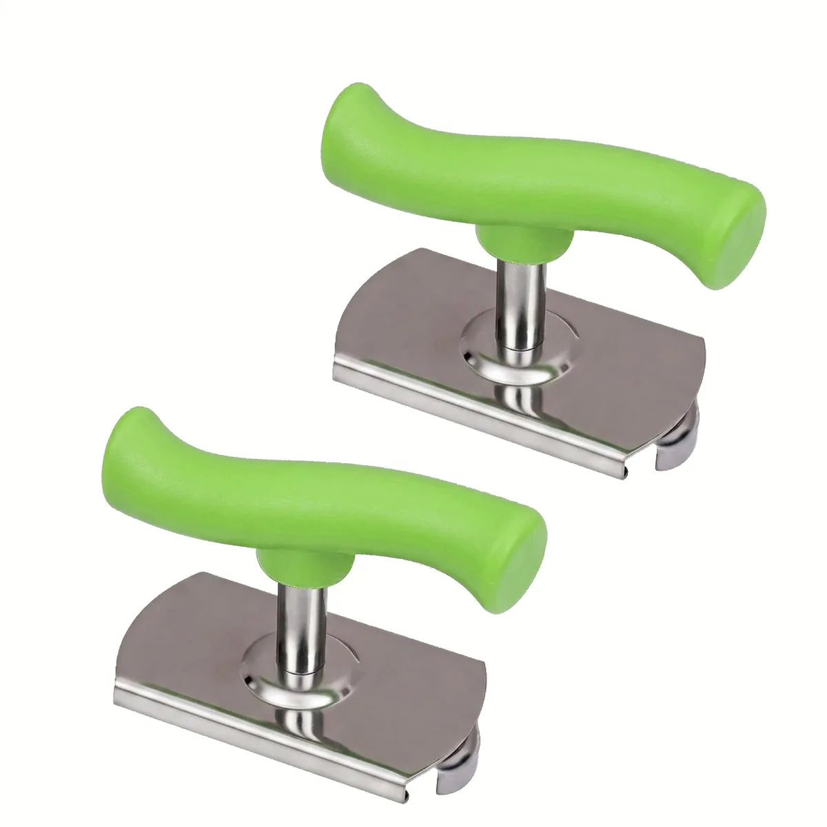 Two adjustable jar openers with green ergonomic handles and stainless steel bodies