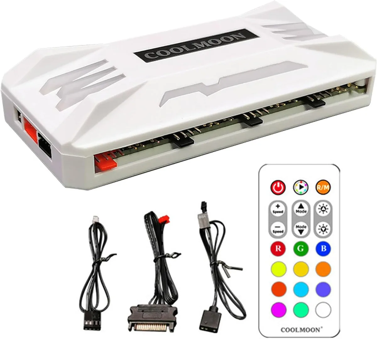 White rectangular controller with magnetic back, remote and cables