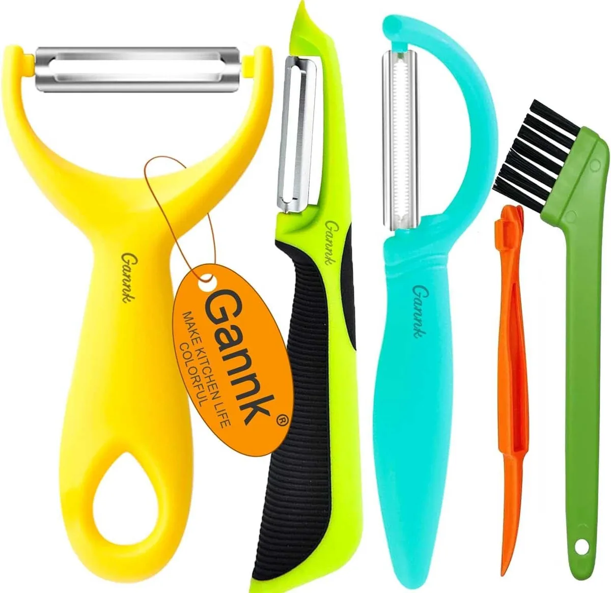 Five vegetable peelers with ergonomic handles and stainless blades