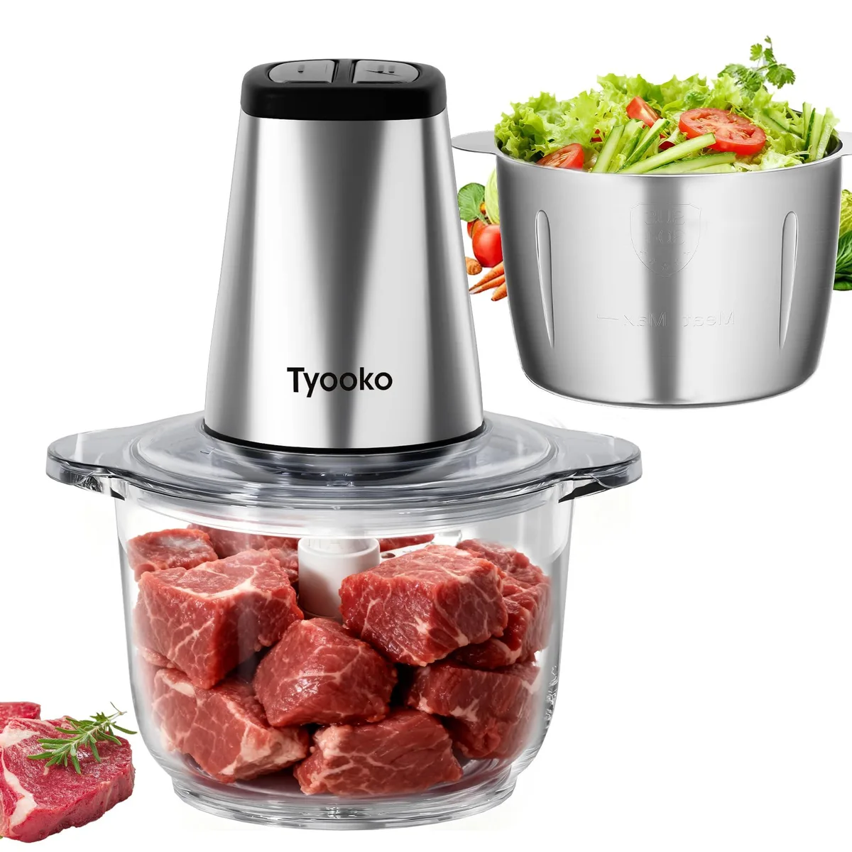 Silver food processor with stainless steel and glass bowls, compact countertop design