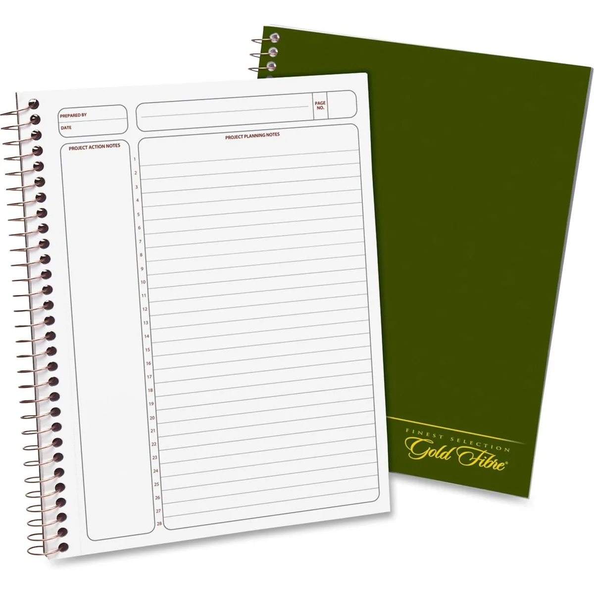 Dark green project planner with gold accents, brass wire binding, 84 microperforated sheets