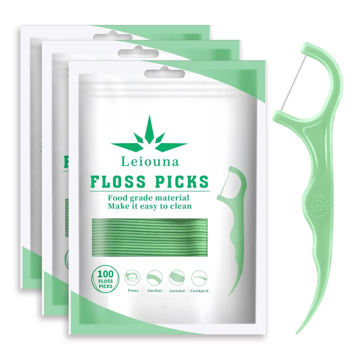 White rectangular box containing 300 unflavored dental floss picks with easy-grip handles