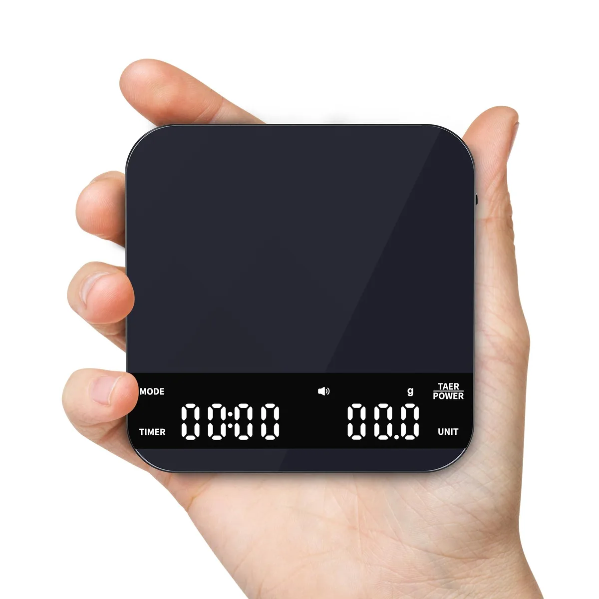 Compact square yellow digital scale with tempered glass top, touch controls and silicone pad
