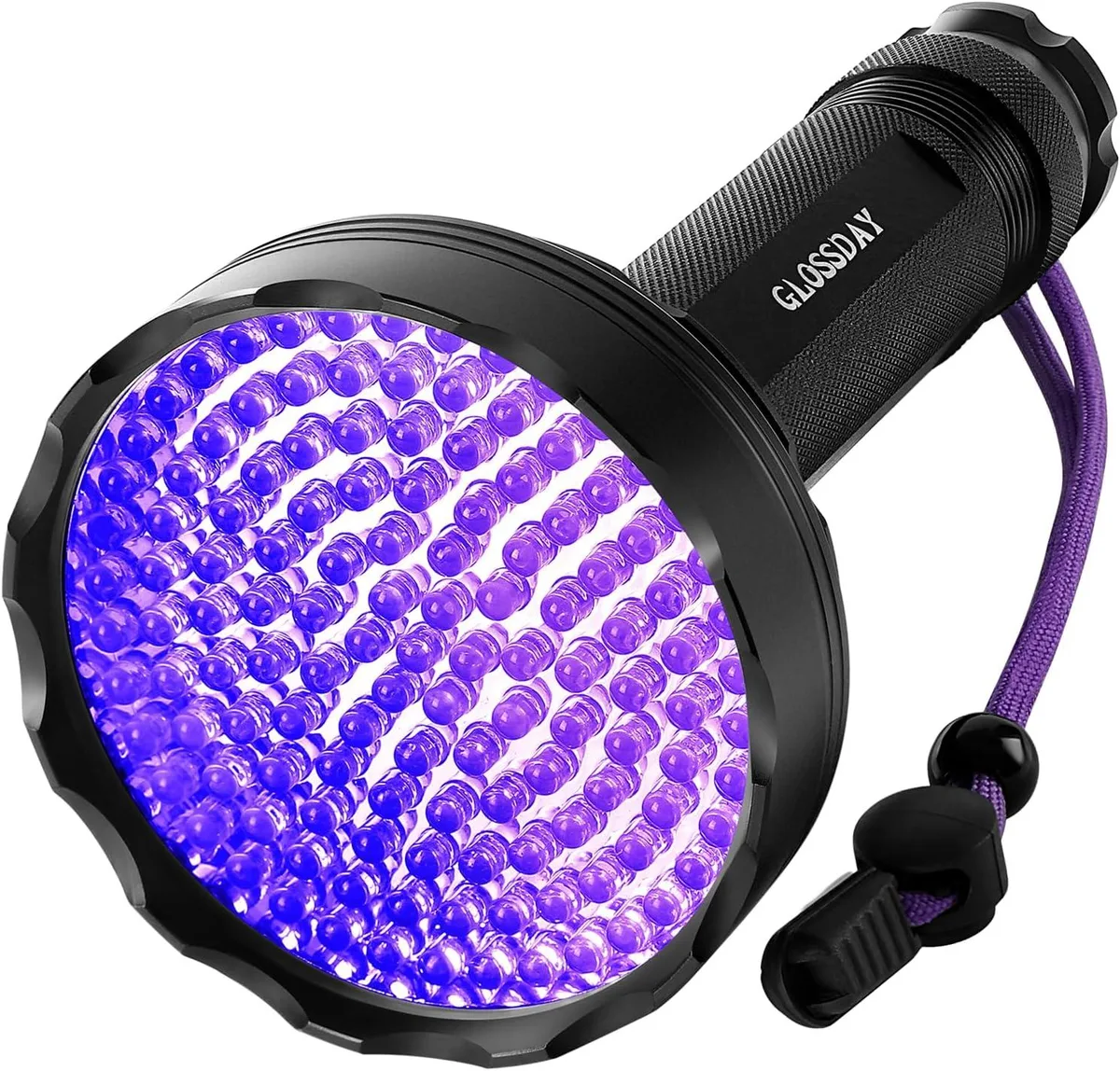 Black aluminium UV flashlight with 128 LEDs and textured grip