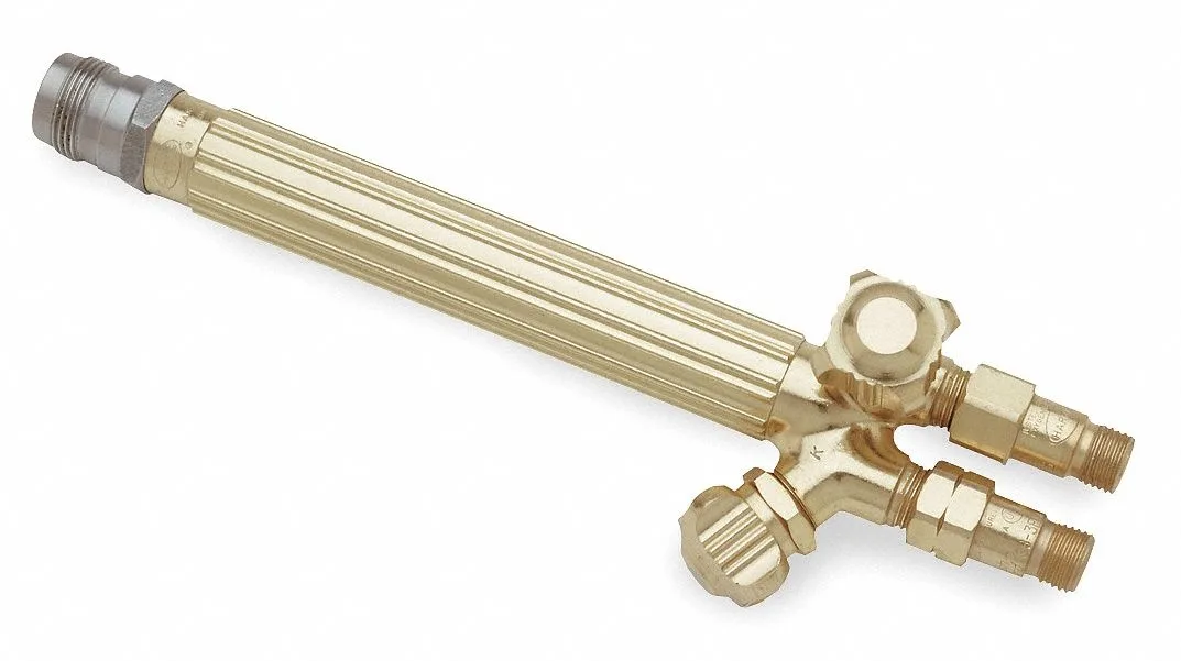 Silver metal welding torch handle with knurled grip and threaded hose connections