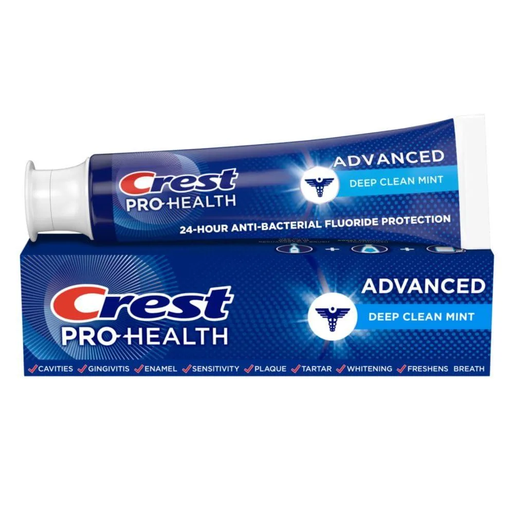 White toothpaste tube standing upright with blue and silver labelling, 5.1 oz size