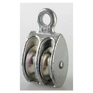 Steel double pulley block with two sheaves for fibrous rope