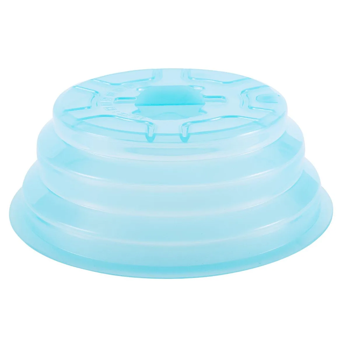 Blue collapsible silicone microwave cover 11 inch diameter 3.8 inch tall expanded
