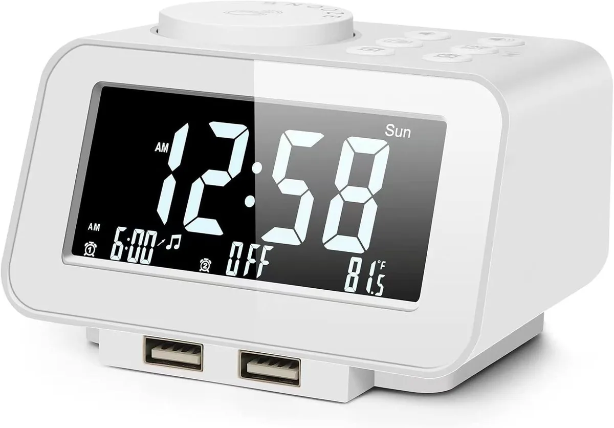 KEHIPI KEHIPI UE-168 Digital Clock Radio White 3.4" 0-100% Dimmer Dual Alarm FM USB — product photo