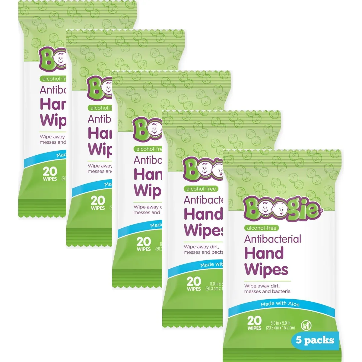 White rectangular pack of 100 antibacterial hand wipes, hypoallergenic alcohol-free formula with aloe, five 20-count travel pouches
