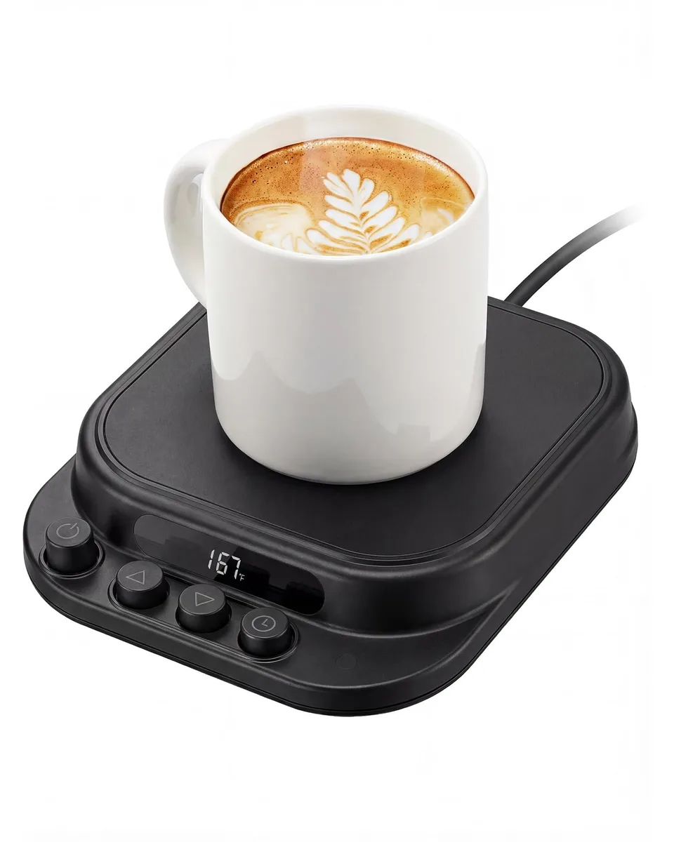 Black rectangular warming tray with stainless steel surface and tempered glass panel, corded electric, compact desk size