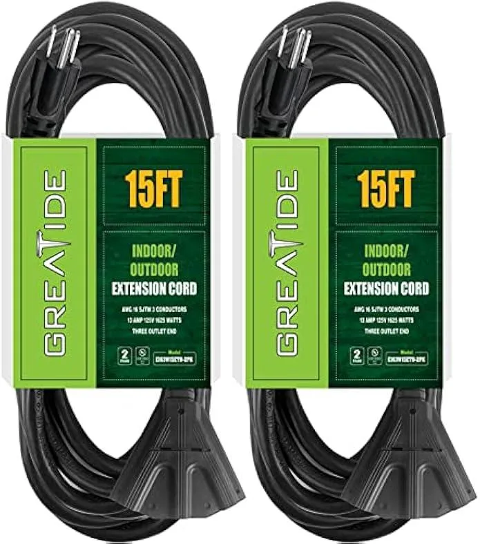 TAURKENAM TAURKENAM 2-Pack 15 Ft Outdoor Extension Cord 3-Outlet 16/3 SJTW 13A 125V 1625W Black — product photo