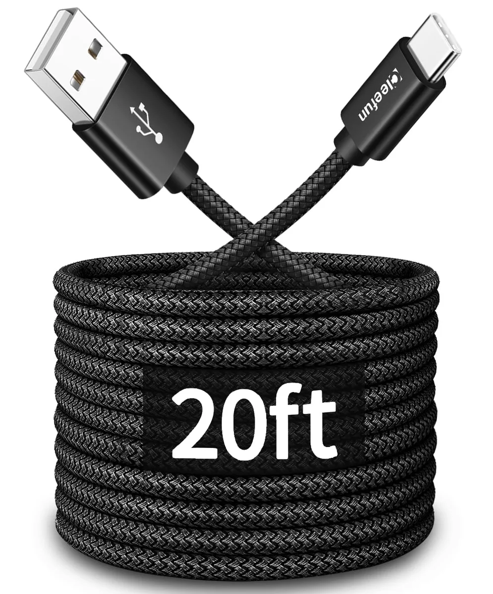  CLEEFUN USB-A to USB-C Cable 20ft 3A Black Nylon Braided — product photo