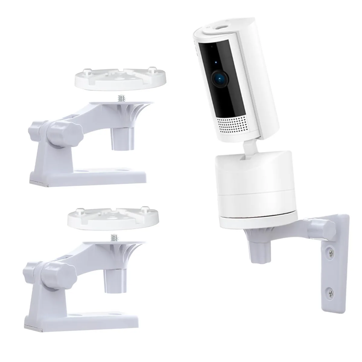 Two white plastic adjustable camera mounts with bases screws and screwdriver