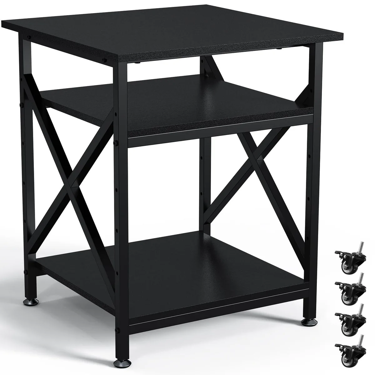 Black three-tier printer stand on four wheels, square metal frame with lacquered shelves
