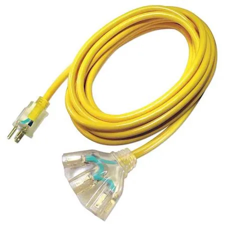 Yellow 10 AWG 25 ft extension cord with three outlets and lighted end
