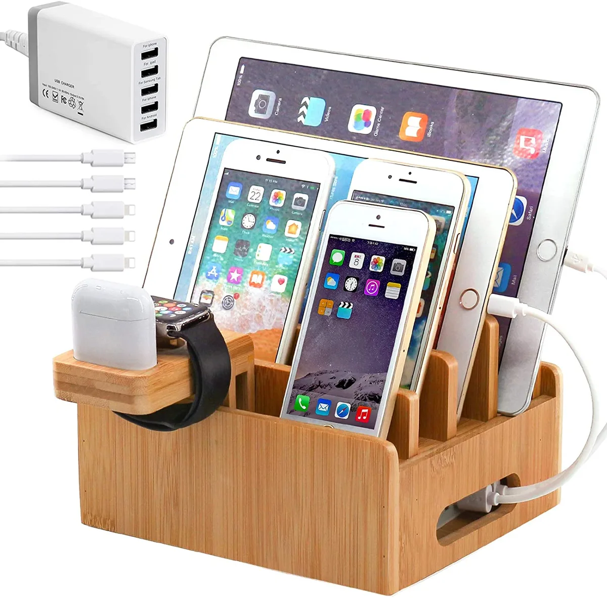 Pezin & Hulin Pezin & Hulin Bamboo Charging Station with 5 Port USB Hub and 5 Cables — product photo