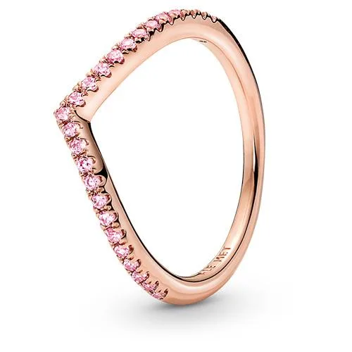 Wishbone-shaped ring in 14k rose gold-plated silver with light pink cubic zirconia stones