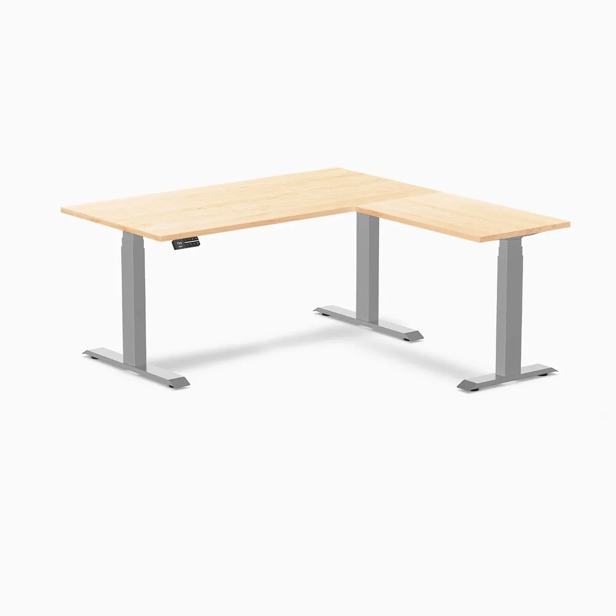 Desky Desky Hardwood L-Shape Sit Stand Desk Maple 60 x 30 x 62 x 20 in Gray office furniture — product photo
