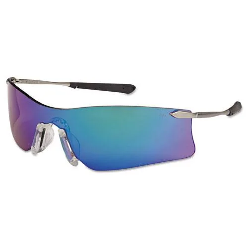 MCR Safety Rubicon safety glasses with emerald mirror lenses, metal spring-hinge temples, gel nosepiece and nylon sleeves