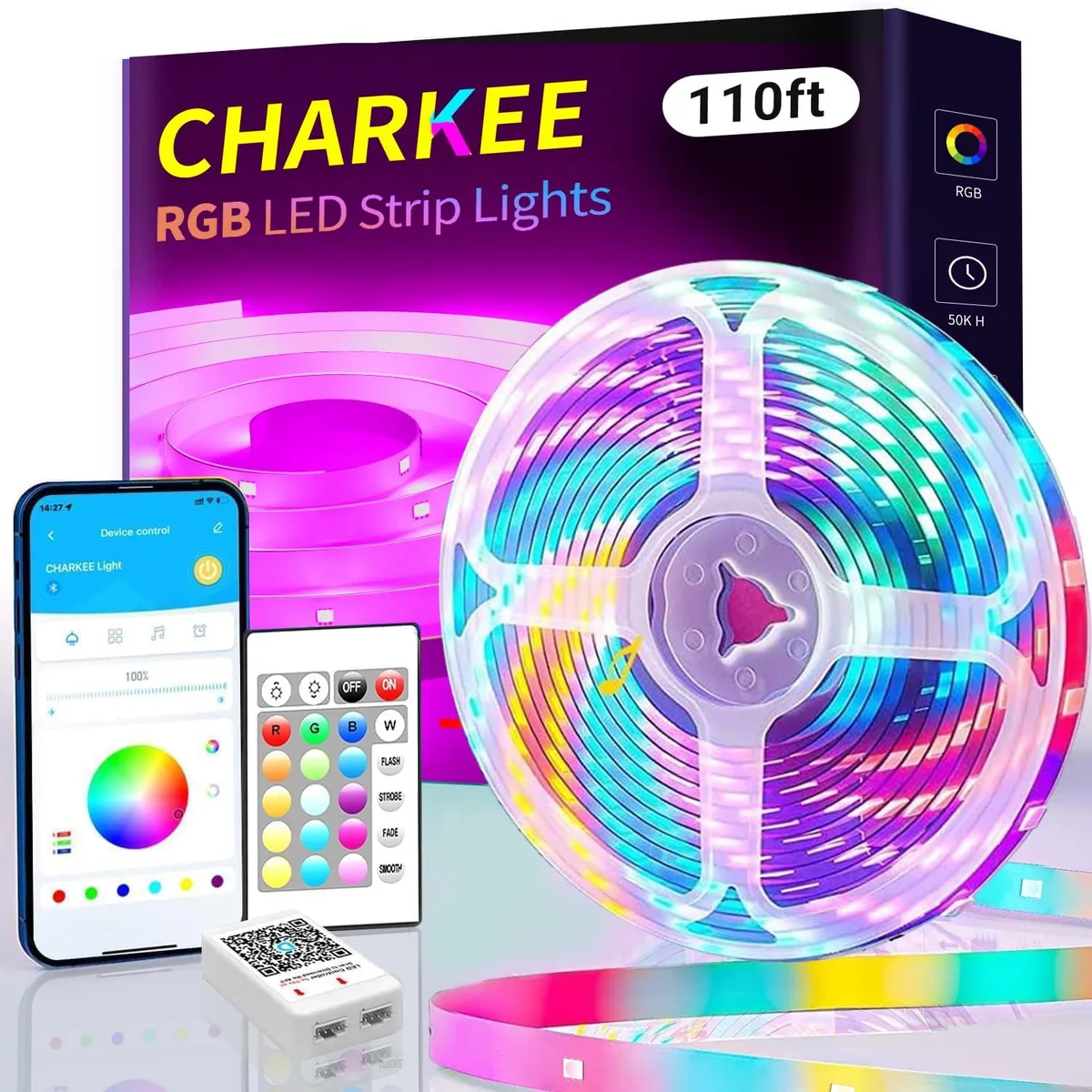 A 110 foot flexible RGB LED strip on a reel, clear plastic coating, adhesive backing visible, 600 LEDs marked 5050
