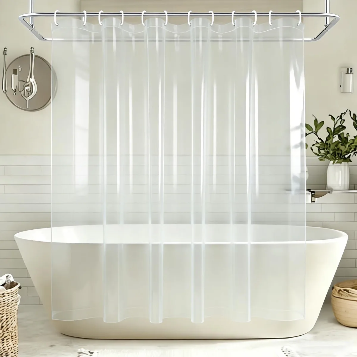 Clear shower curtain liner with rustproof grommets and twelve plastic hooks