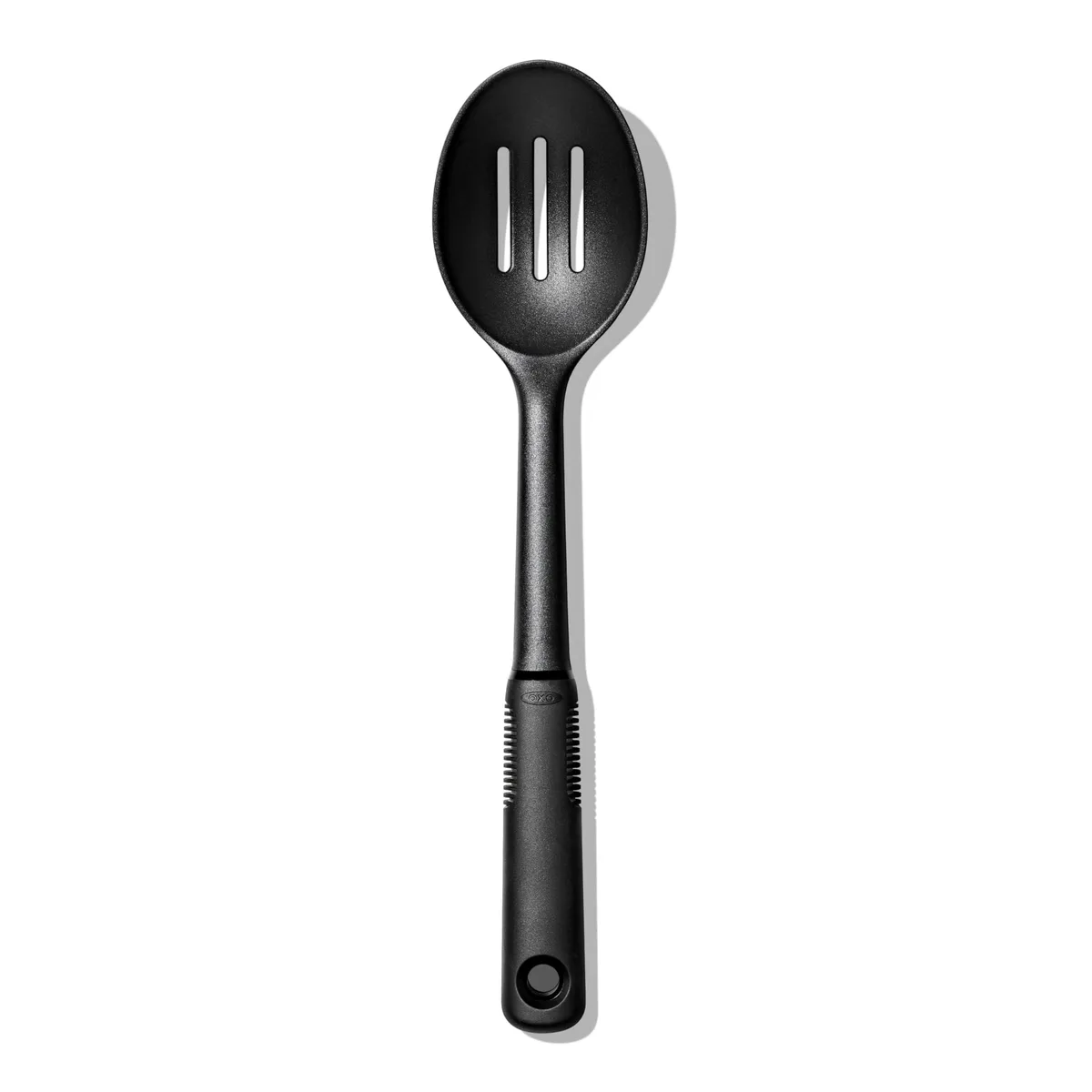 Black nylon slotted spoon with soft grip handle