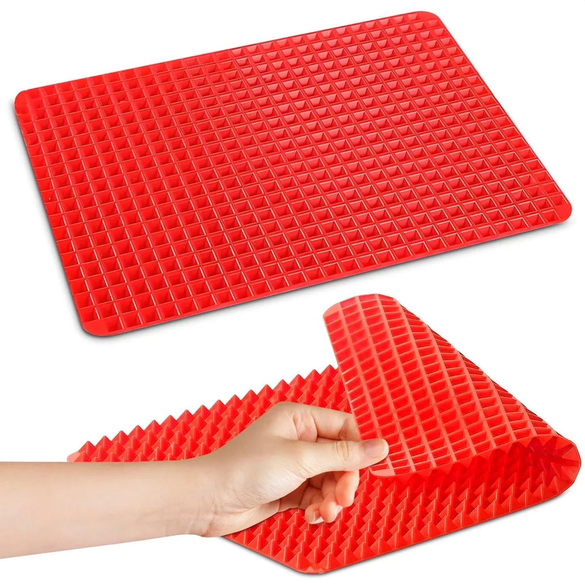 Red silicone baking mat with raised pyramid pattern, rectangular 16 by 11.42 inches