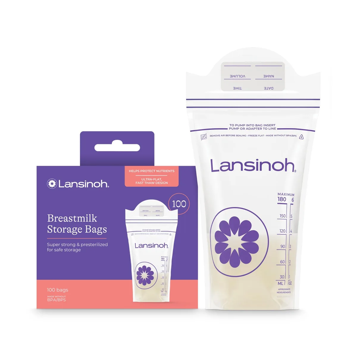 Flat stack of 100 beige breastmilk storage bags with double zipper closure