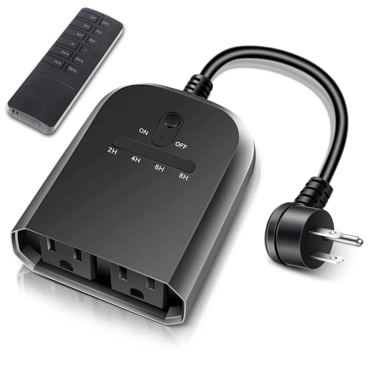 Black rectangular outdoor smart plug with two grounded outlets and a handheld remote control