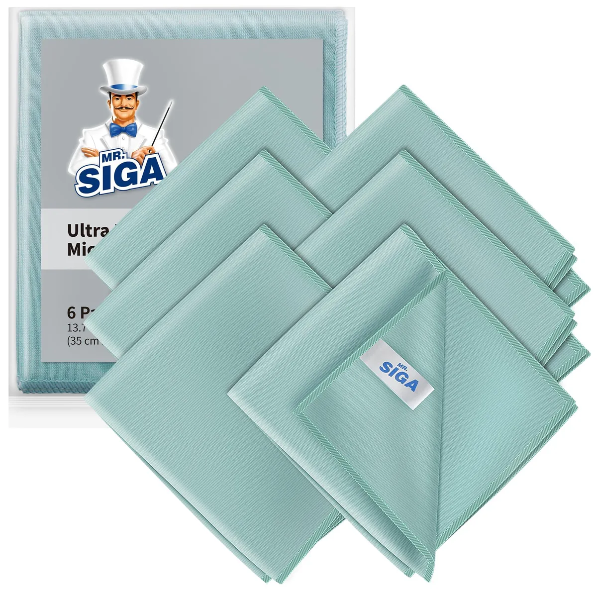 Six green microfiber cloths stacked, 35 by 40 cm