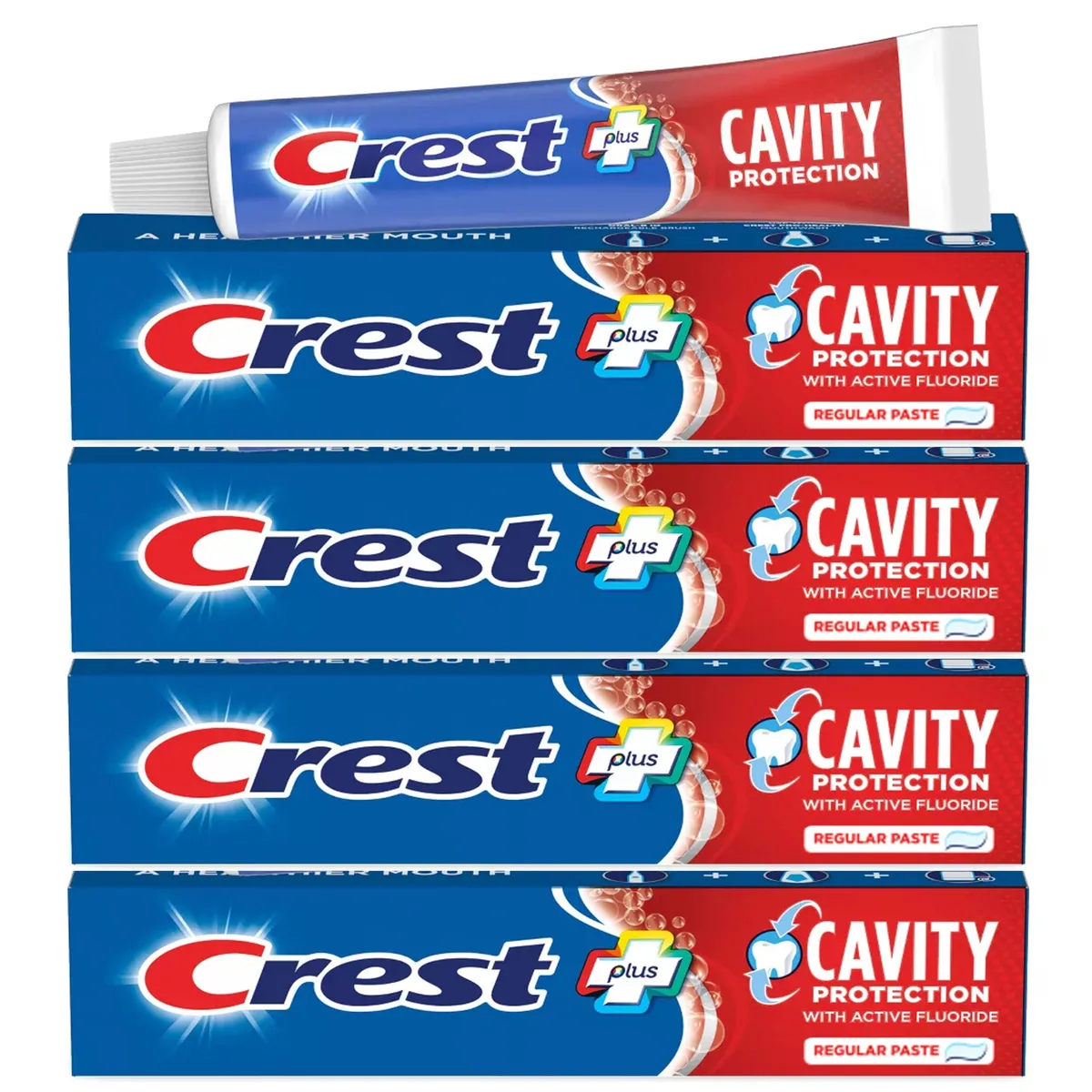 Four white 8.2 oz toothpaste tubes in rectangular carton