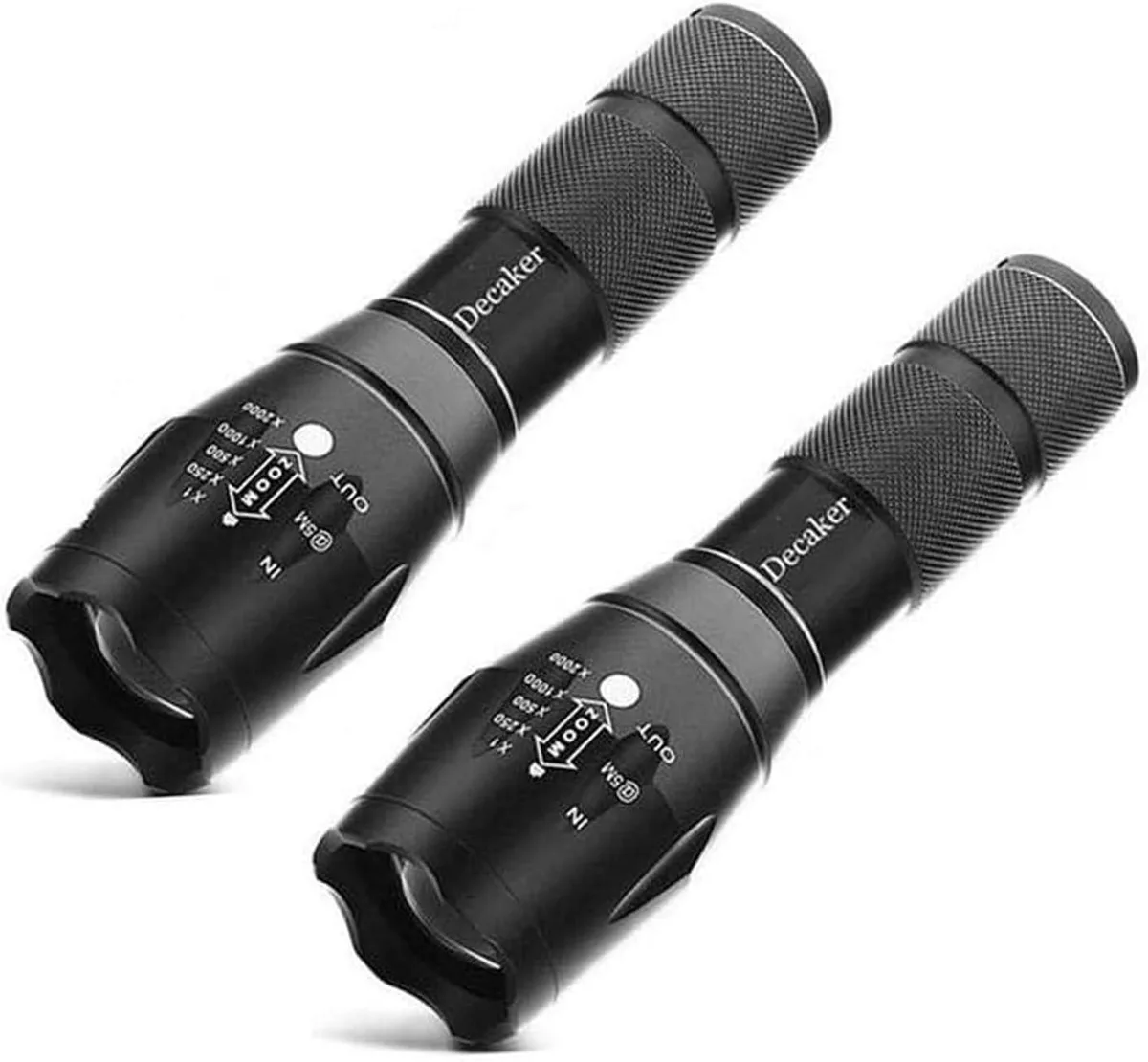 Two matte aluminium tactical flashlights with textured grip and zoomable heads