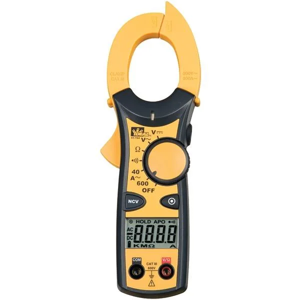 Yellow digital clamp meter with black jaw and LCD display