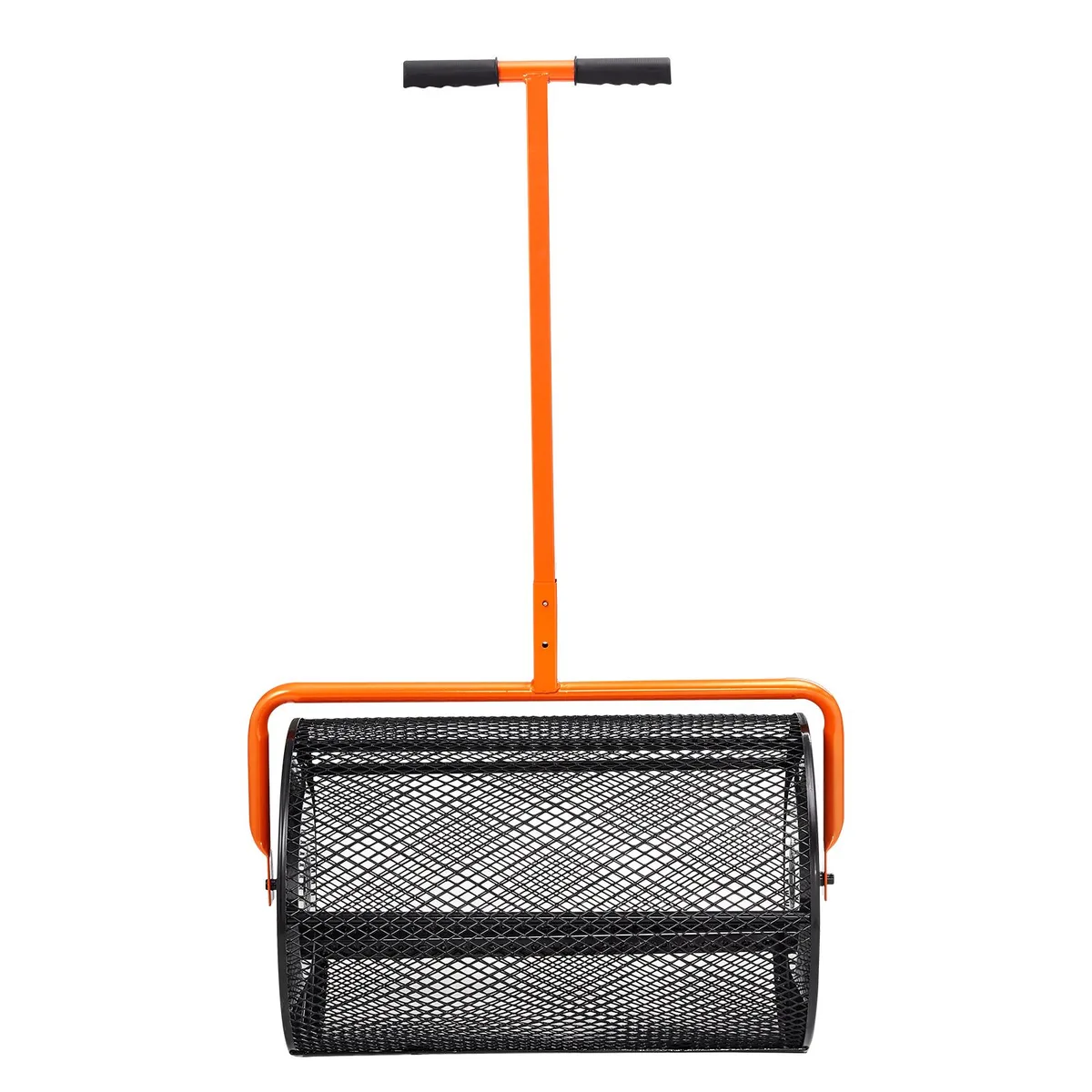Black powder-coated steel mesh compost spreader with 24 inch wide barrel and height-adjustable handle