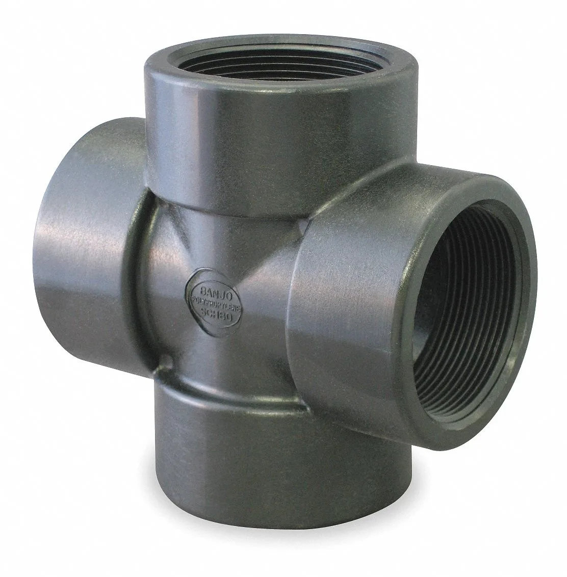 Black polypropylene Schedule 80 cross fitting with four 1/2 inch FNPT ports