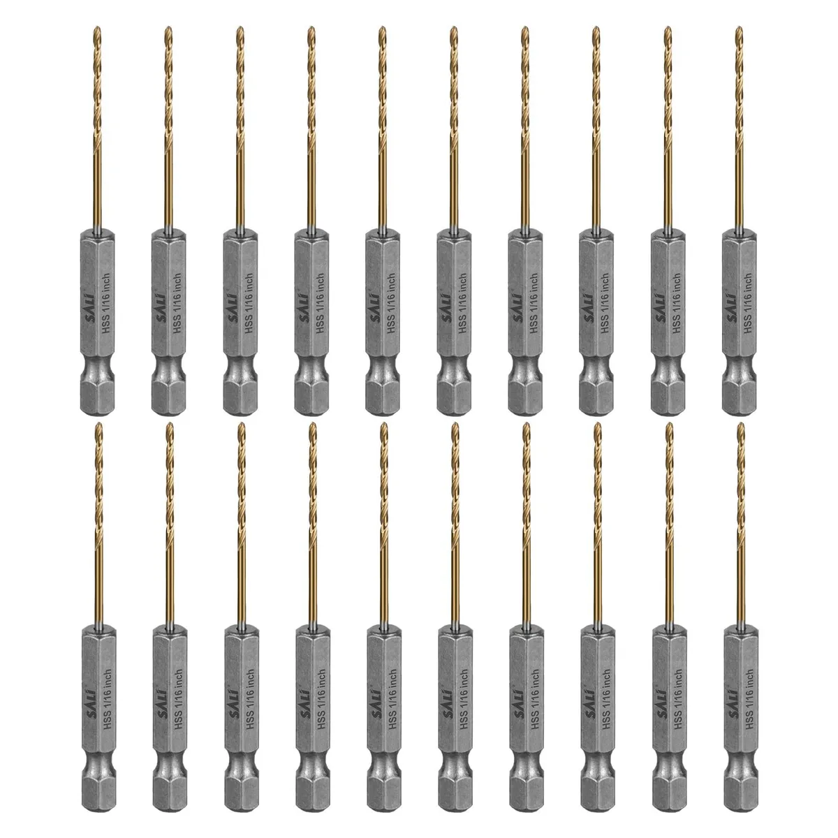 Twenty cobalt HSS drill bits, 1/16 inch, hex shank, silver finish, in plastic case