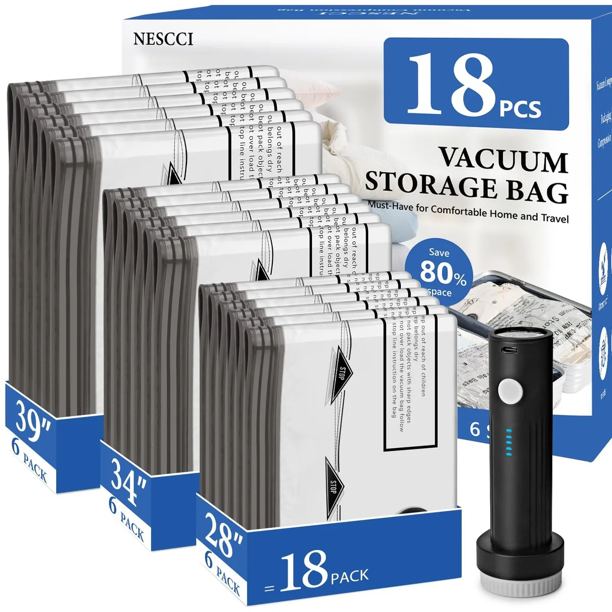 Black nylon vacuum storage bags and a compact rechargeable pump on a flat surface