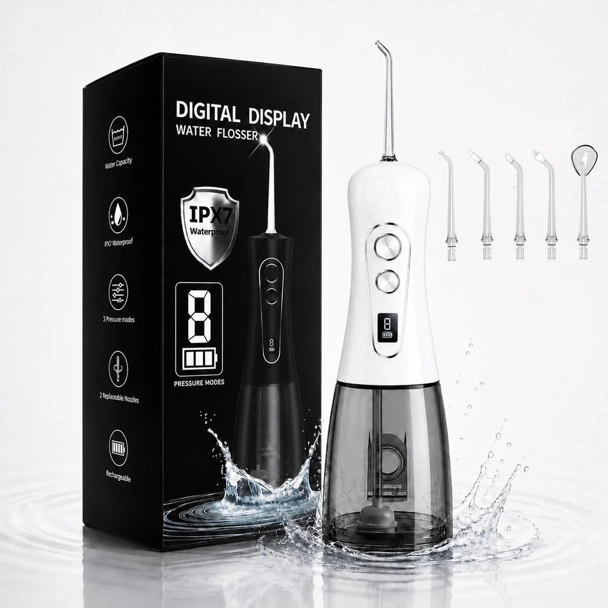 White portable water flosser with 400ml removable tank and five interchangeable nozzles
