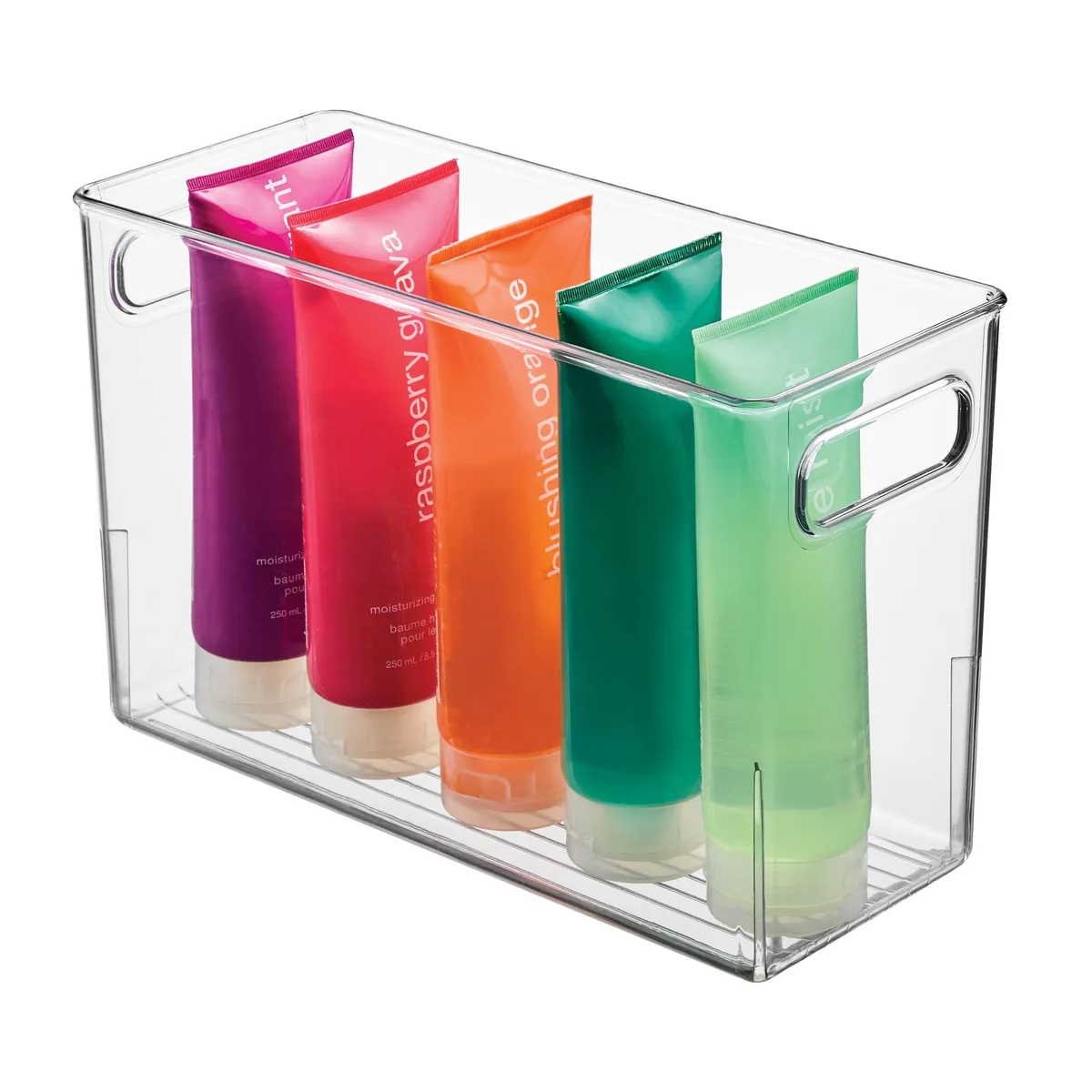 Clear plastic rectangular storage bin with integrated handles, smooth finish, tall narrow profile