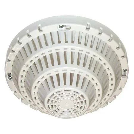 White polycarbonate smoke detector cover with clear LED window and mounting hardware